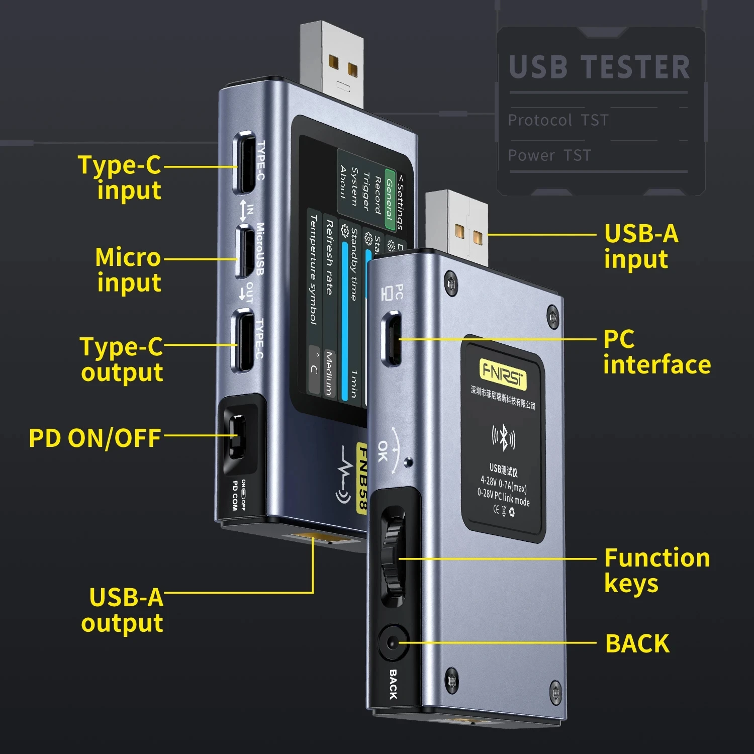 Probador USB de FNIRSI-FNB58, voltímetro, amperímetro, TYPE-C, detección de carga rápida, disparador, Medición de Capacidad, medición de ondulación