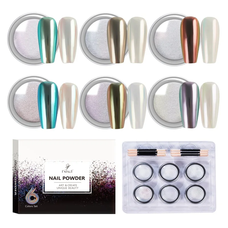 FSIXCL Chrome Nail Powder Aurora Rubbing White Pearl Pigment Dust Shiny Glitter Nail Art Decoration 6 Colors Set 0.5g/Jar