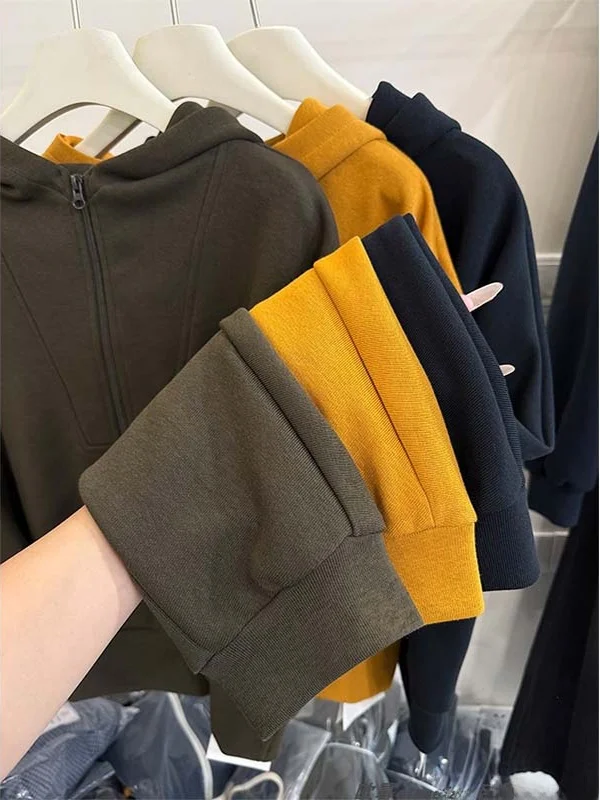 Fall 2025 Women's Casual Faionable Hooded Semi-Zip Long Sve T-irt Base Layer Versatile Sweatirt Top Korean Sle