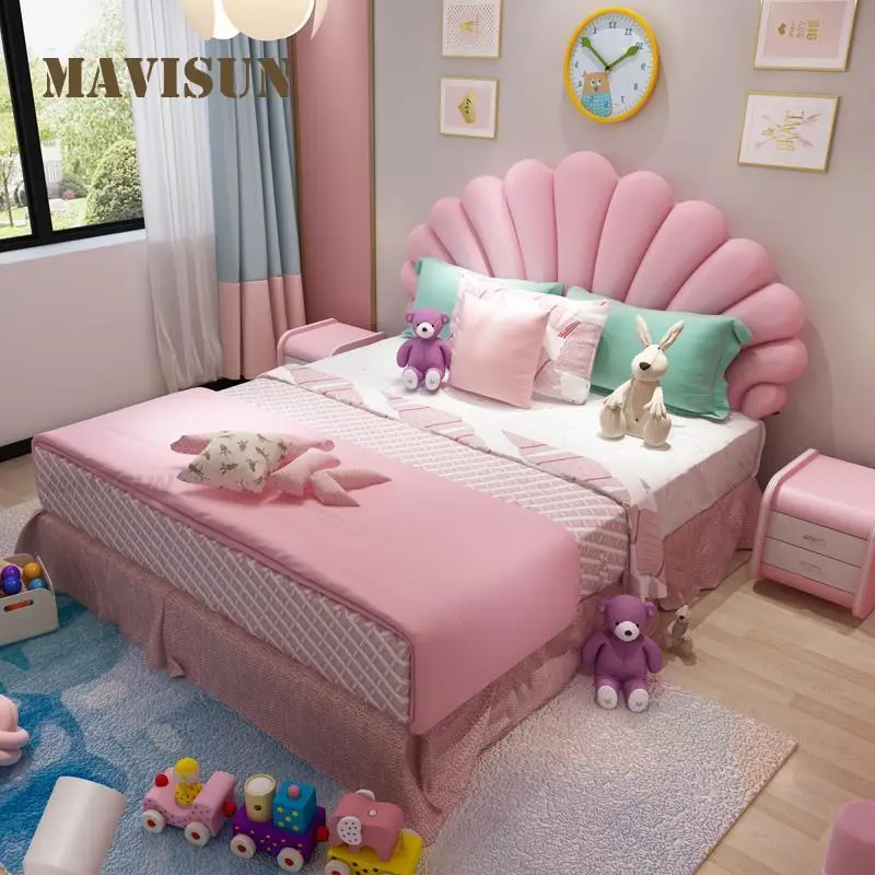 Creative Girl Children's Bed Pink Shell Bed European-Style Hotel Double Bed Small Apartment Furniture 1.2 Meters Princess Bed