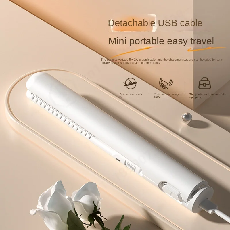 Mini Hair Straightener, USB Powered, Titanium Quartz Plate, 2 in 1 Straightening Curling, Portable For Home Travel