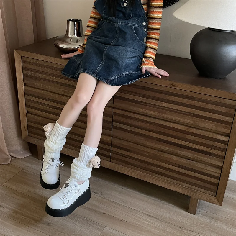 Harajuku White Leg Warmers Knitted linen socks Plush Bear Accessories Cute Design kawaii Women Lolita Socks JK Leg Warmers 2023