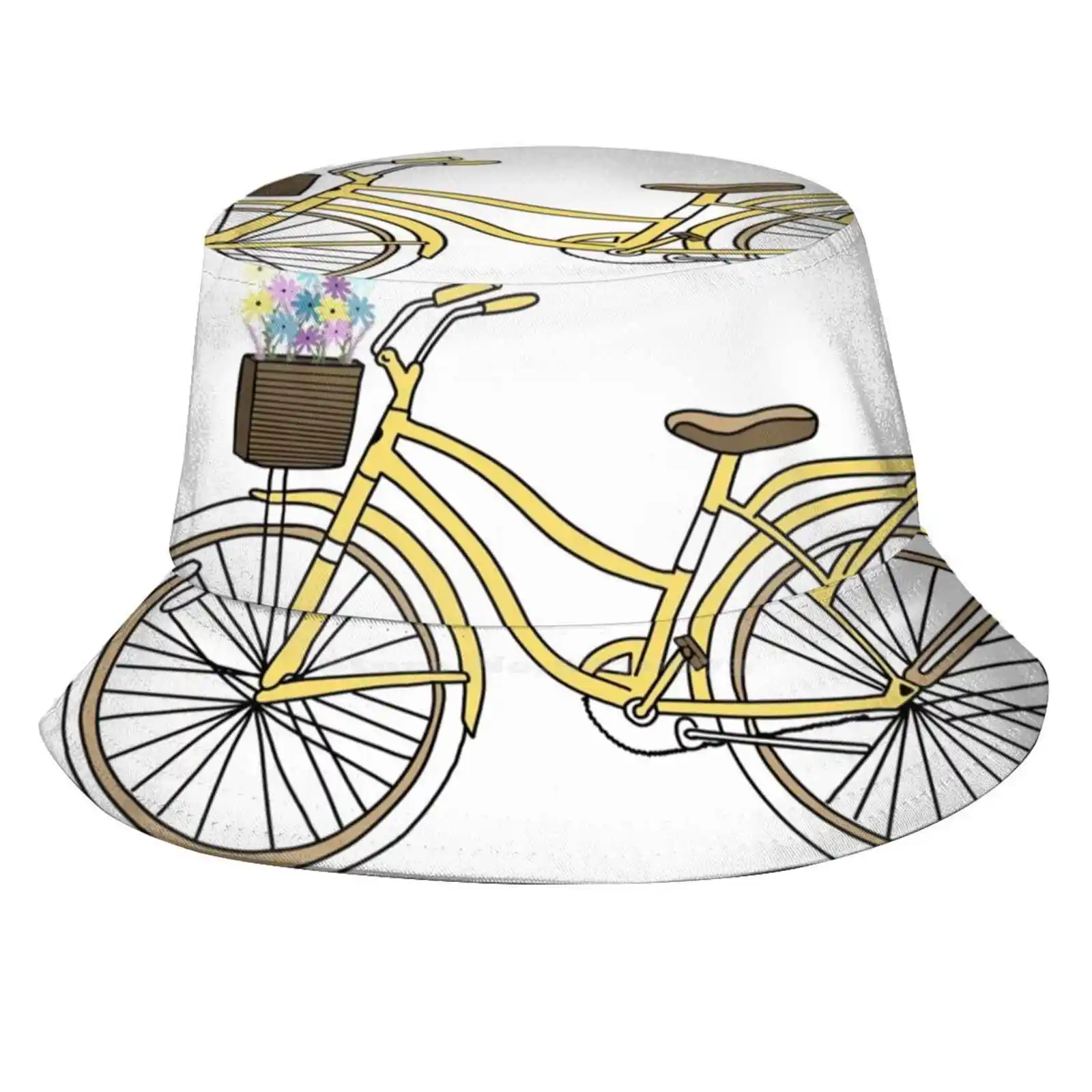 Yellow Bike With Flowers Sun Cap Fisherman Hat Bucket Hats Colors Flowers Lavender Simple Biking Yellow Bike Beach Cruiser Bike