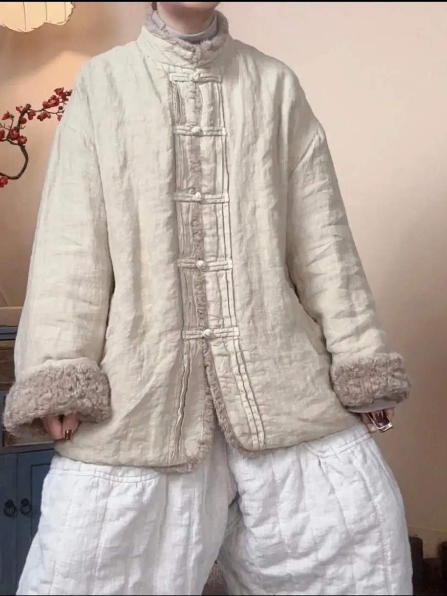 

Аутентичная льняная китайская хлопковая куртка на пуговицах 2025 года с шерстяным воротником, длинное пальто-свек для поездок на работу