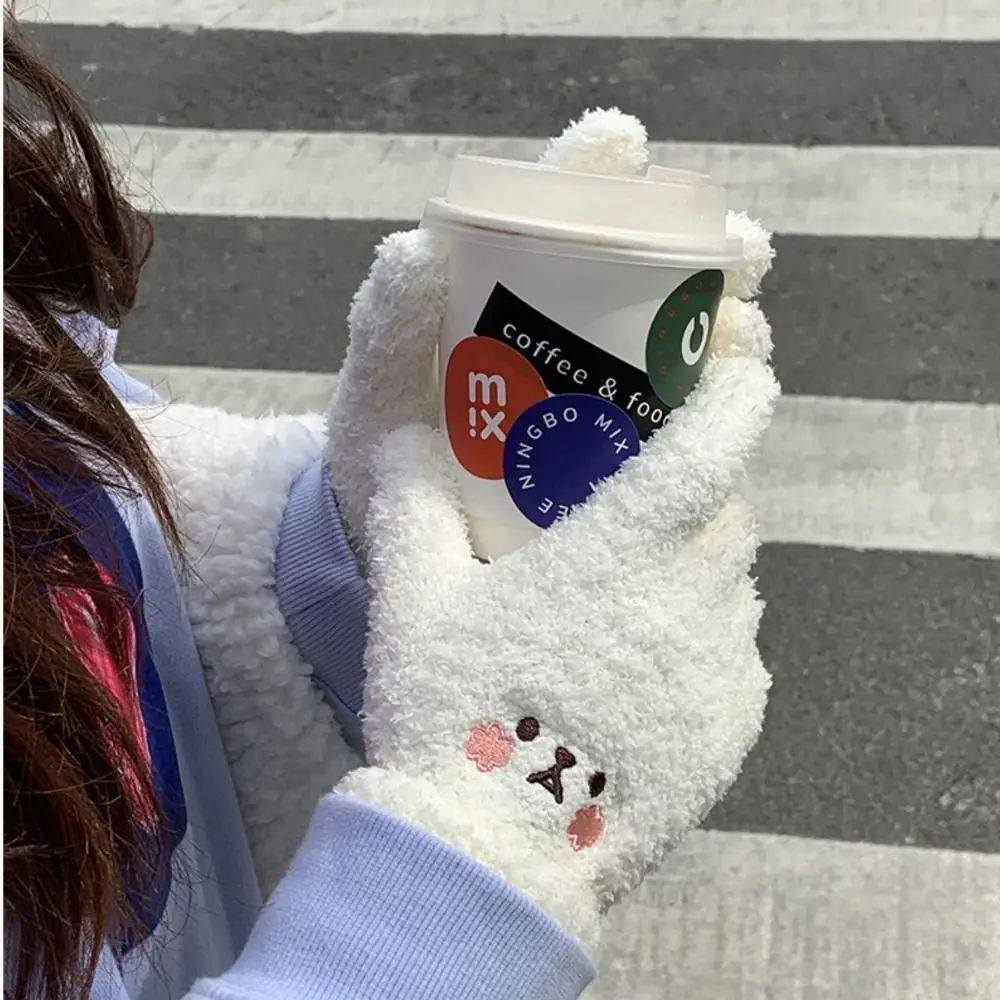 Cartoon Embroidery Blush Bear Girls Gloves Thick Knitted Cycling Gloves Warm Finger Winter Hand Protection Boys Girls Student