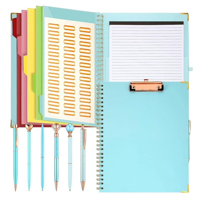 

Refillable Notepad Ballpoint Pen Set,5Dividers With 10 Storage Pockets Clipboard Binder Crystal Diamond Pen For School-AC47