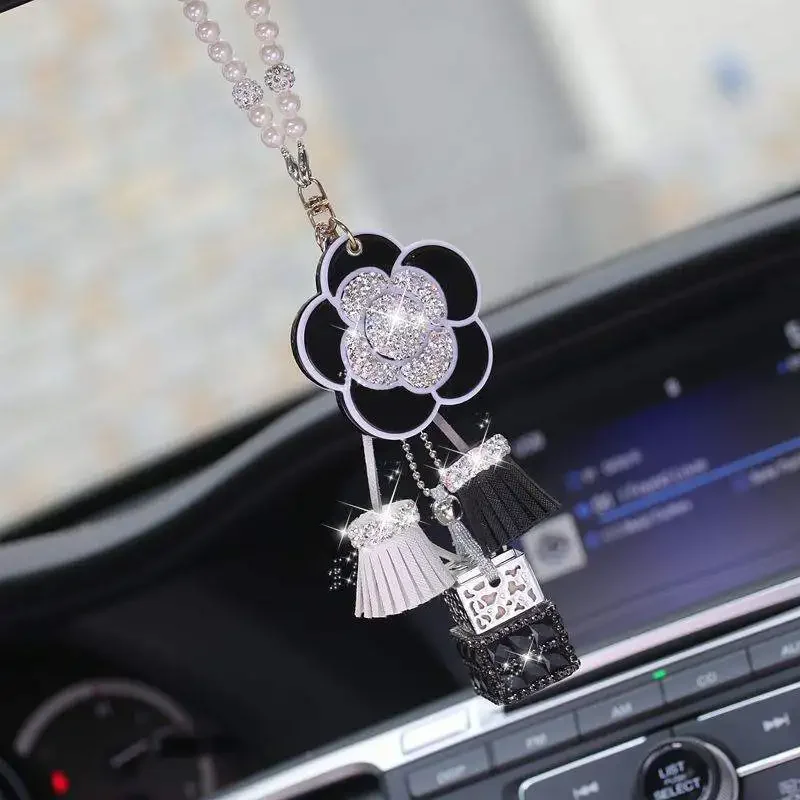 Diamond Camellia Car Hanging Air Freshener Rearview Mirror Pendant Ornament Car Hanging Chain Decoration Accessories For Girls