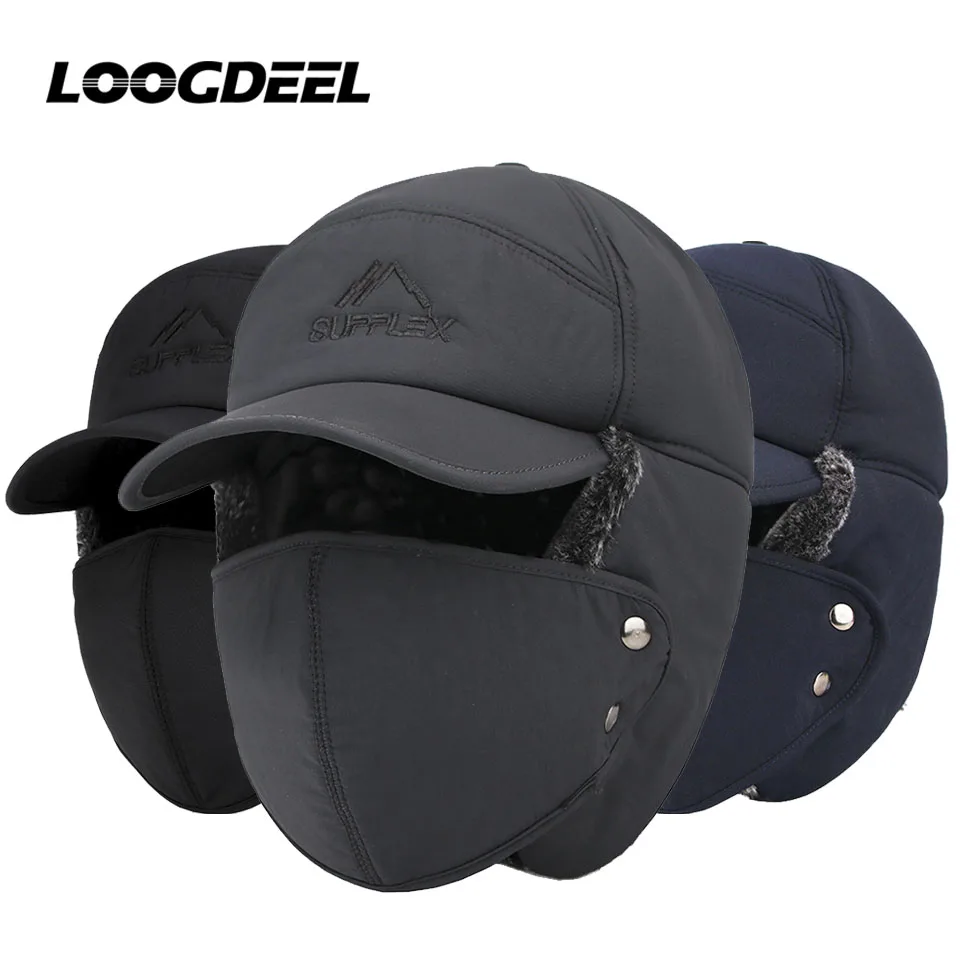 LOOGDEEL Winter Fur Windproof Hat With Brim Warm Mask Men Women Motorcycle Sports Cycling Cap Skiing Cold Anti-snow Headwear