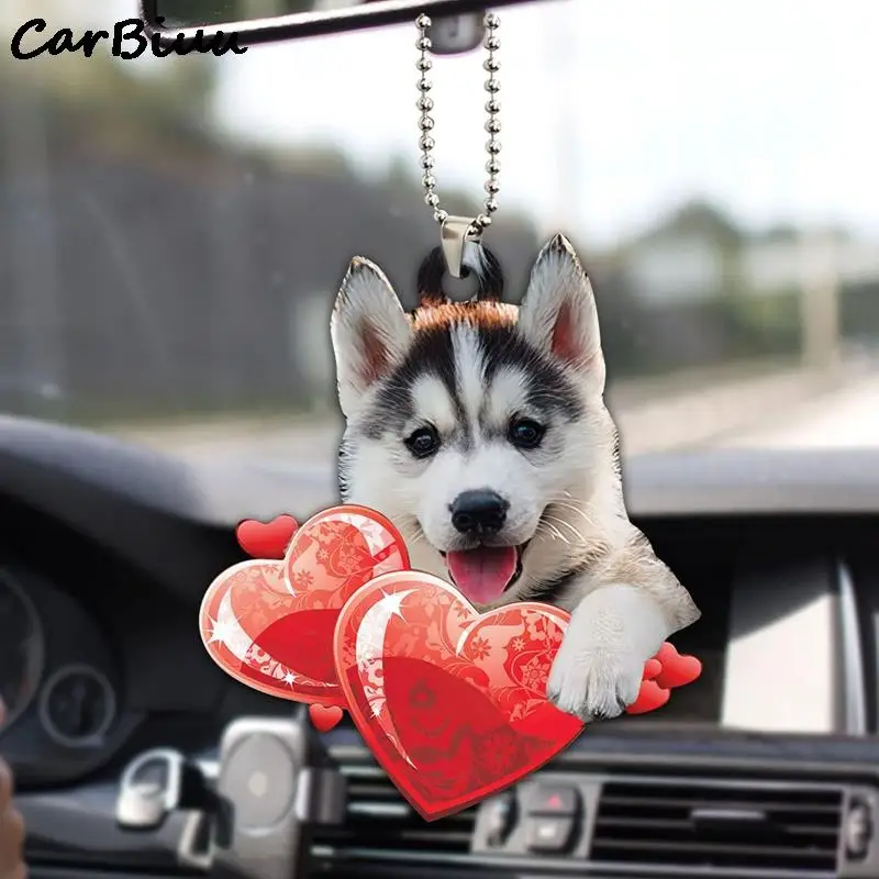 Lovely Husky Hanging Ornament Car Rearview Mirror Decoration Cute Dog Acrylic Pendant Animal Key Chain Auto Interior Decorations