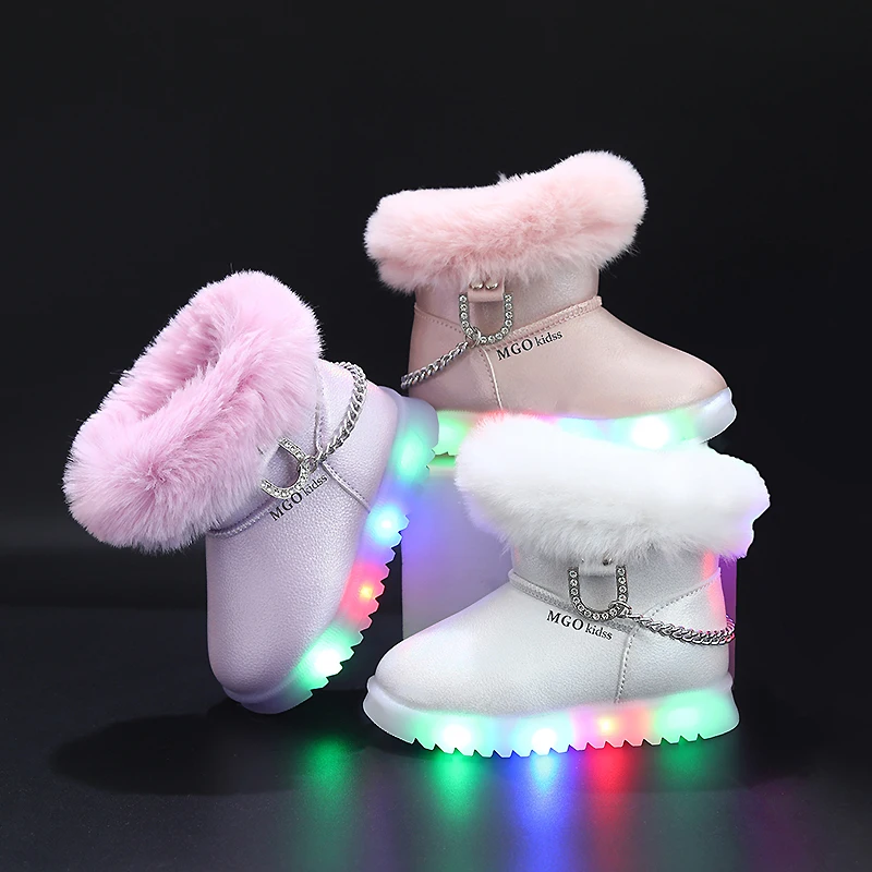 Mgo Kidss New Winter Girls' Boots, Light-Up Shoes, Warm and Thickened Mid-Top Shoes, Cute and Trendy Kids' Princess Boots, Side Zipper, Suitable for Ages 1-3-6, Flashing Light Shoes