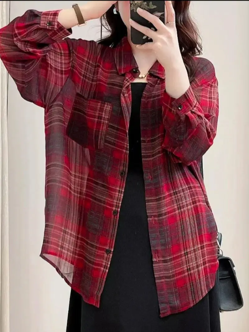 Summer Wear Everything Temperament 2024 Light Red Plaid Shirt Women Loose Cardigan Coat Top Above Translation Results from Youdao Neural Network