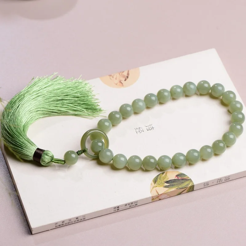 Natural Hetian Jade Qingshui Round Bead Handheld with Running Ring: Elegant Women's Minimalist Versatile Hand Jewelry Gifts