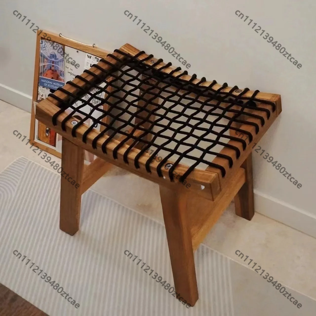 Solid Wood Rope Woven Low Stool, Entrance Shoe Changing Stool, Boat Shaped Vintage Tea Table Stool Home Decor Furniture Seat