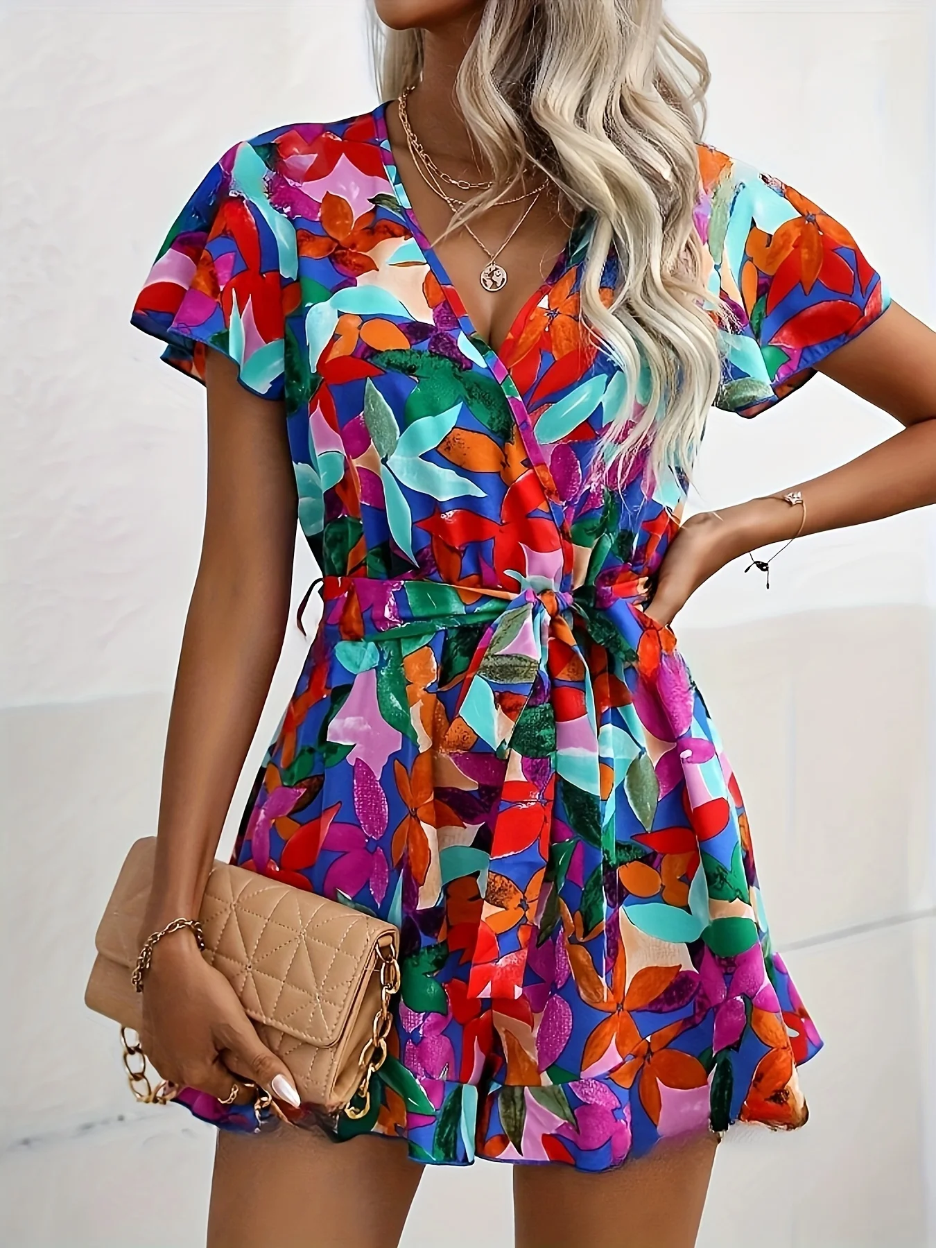 Summer Women Elegant Floral Print Rompers Vacation Beach Style Criss Cross Collar Playsuit Casual V Neck Jumpsuit