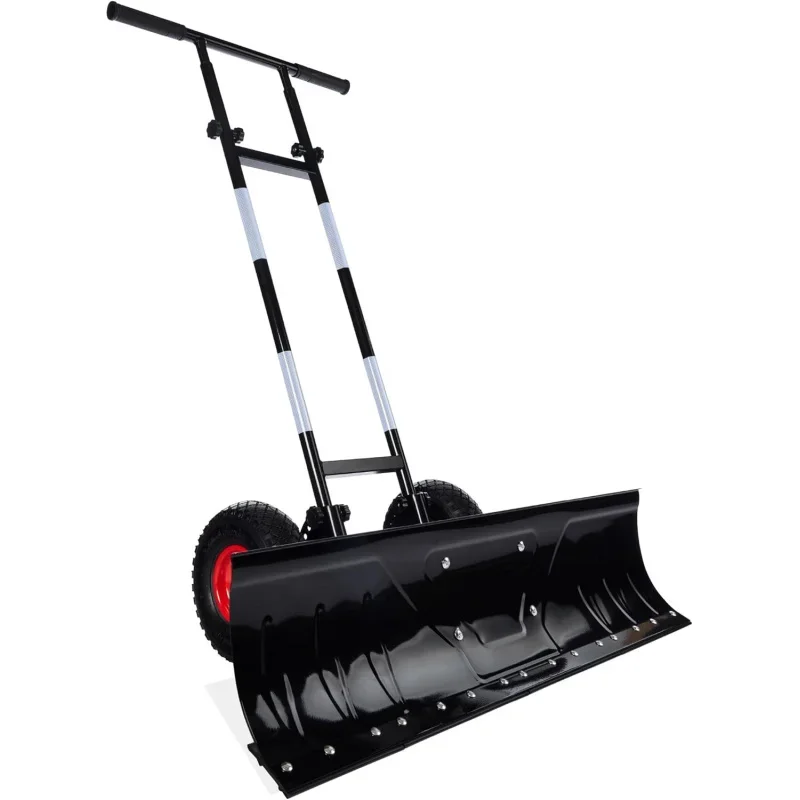 36in Heavy Duty Steel Snow Shovel Pusher Driveway w/Wheels, Adjustable Handle, Angled Blade, Efficient Snow Removal, Back Sa