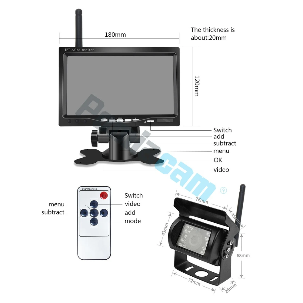 For Car RV Truck Bus PZ607W-A 7 Inch Monitor Wireless camera 18 IR LEDs Waterproof Rear View Backup Camera Night Vision System