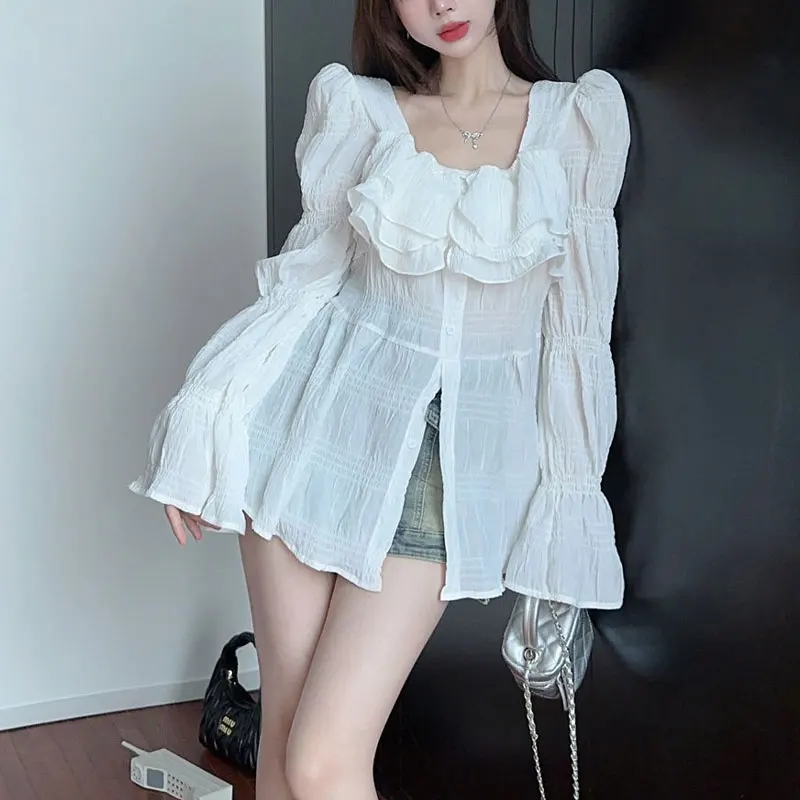 Elegant Square Collar Ruffles Blouse Spring Summer Slim Button Women\'s Clothing Commute Stylish Folds Basic Solid Color Shirt