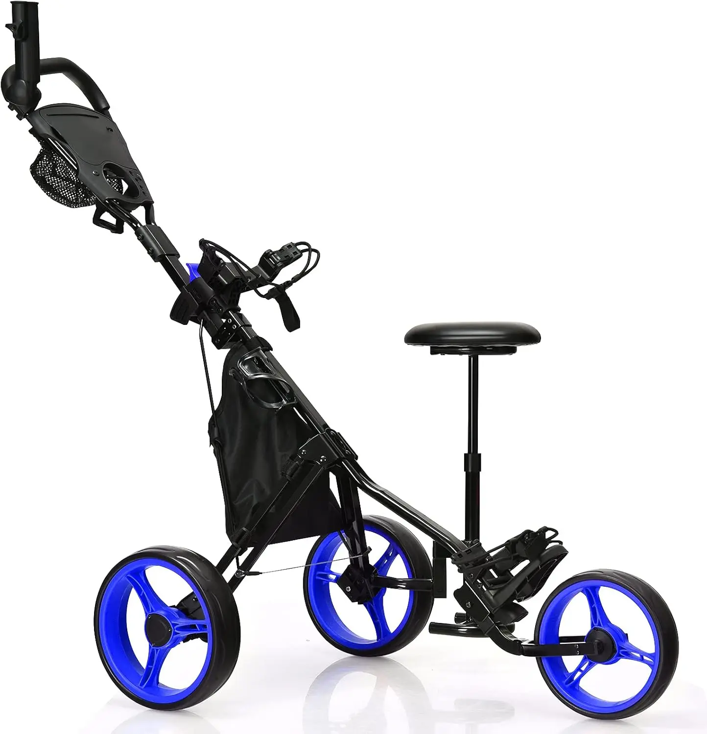 Golf Push Cart, Foldable 3-Wheel Height Adjustable Lightweight Golf Caddy Cart with Umbrella Holder, Hydraulic Seat, Stora