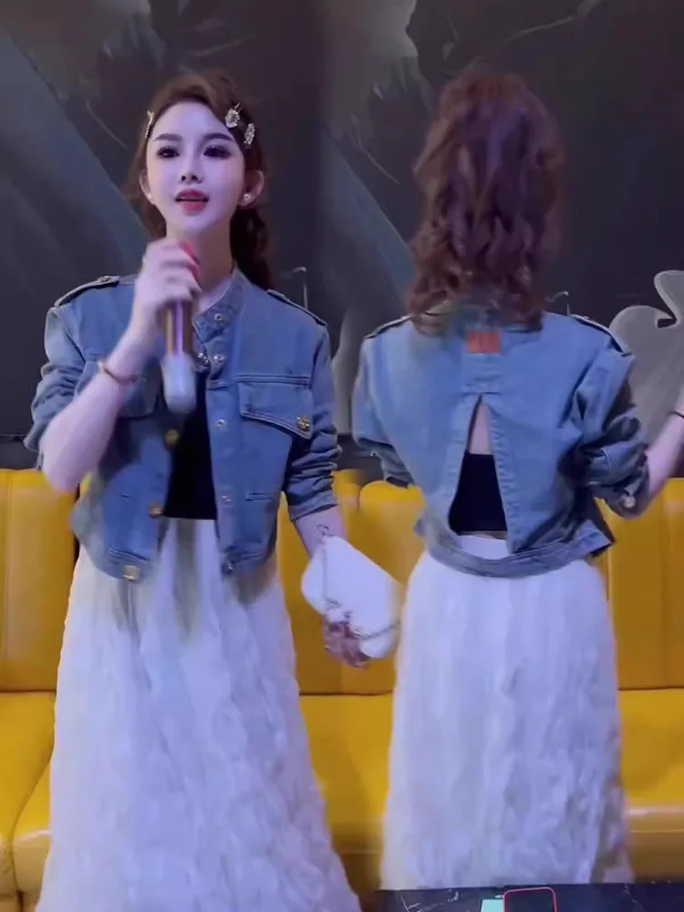 

Американская ретро-куртка из денима с воротником-стойкой для женщин: модная, весенняя, приталенная, универсальная, высококачественная верхняя одежда