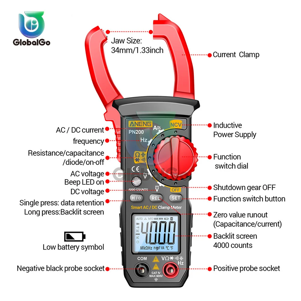 PN200 DC/AC Digital Multimeter 600A Current 4000 Counts Clamp Meter Ammeter Voltage Tester Car Hz Capacitance NCV Ohm Test