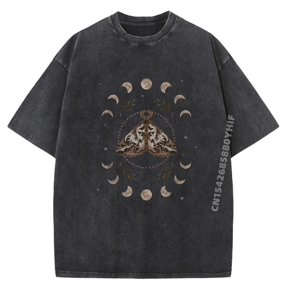 

Moth Moon Phases Insect Occult Luna Gothic Witchcraft Hiphop Streetwear Men's T-Shirts Oversized Washed Shirt