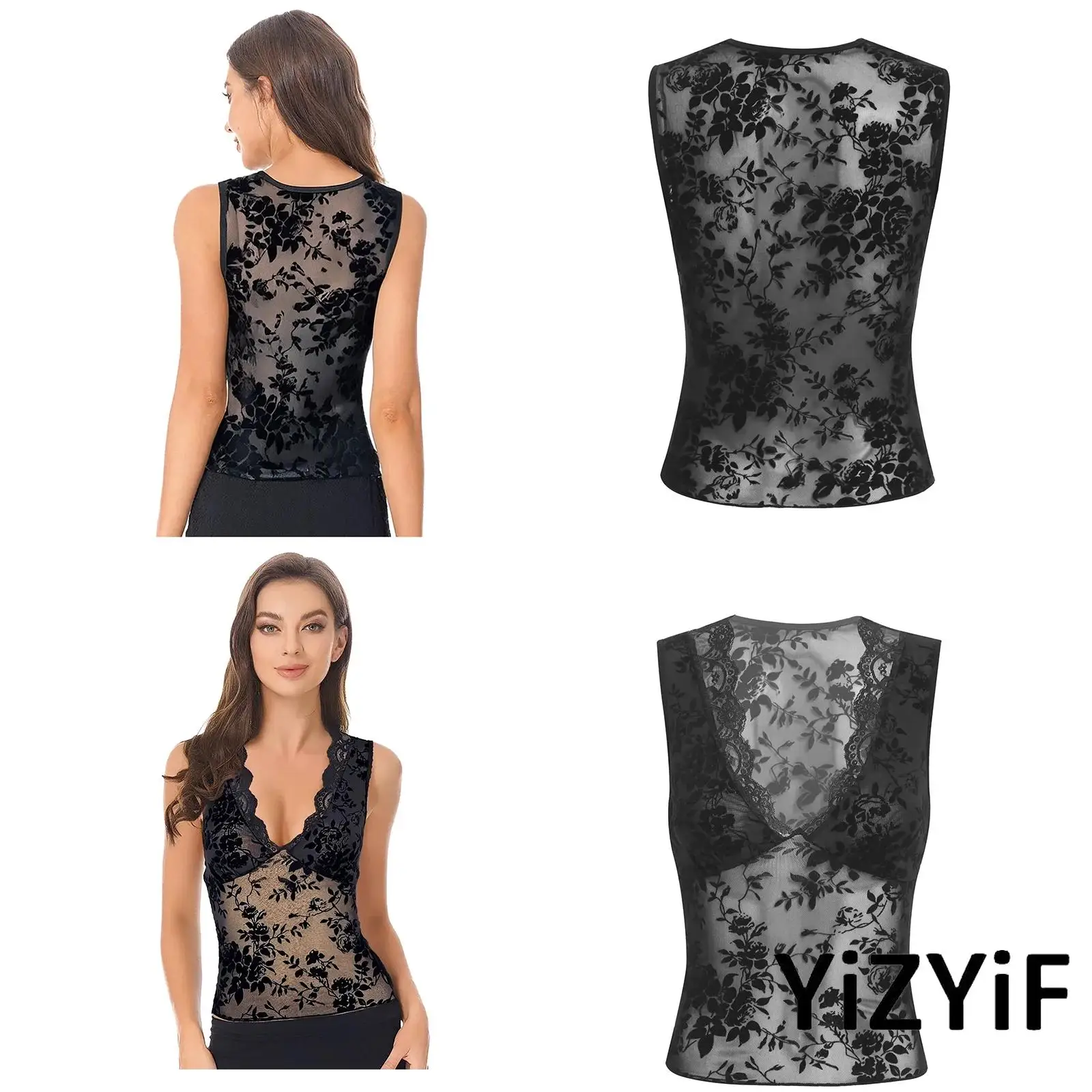 

Womens Erotic Floral Lace Trim Sleeveless Jacquard Crop Tops Velvet Flocked Mesh See-through Tank Tops Fashion Blouses Lingerie