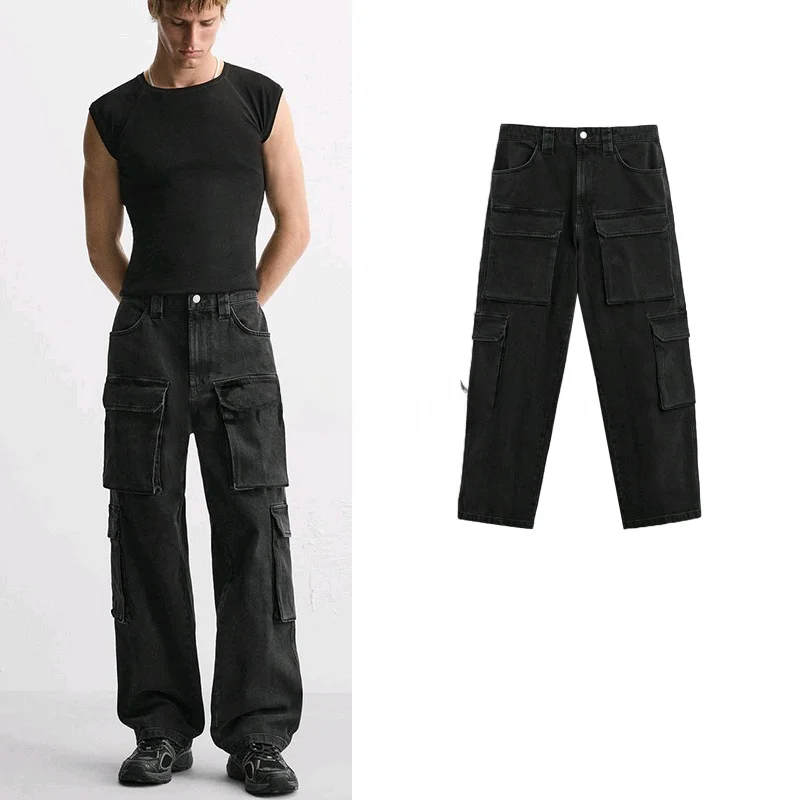 

Spring New Men's Casual Waed Denim Pants ket Decorated Workwear Sle Loose Fit Straight Leg Zipper Fly Youth Trend