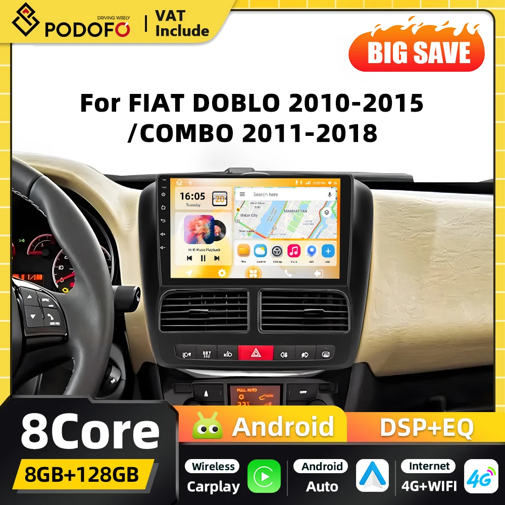 Podofo 8+128G 2din Android Auto-Multimediaplayer für FIAT DOBLO 2010-2015/COMBO 2011-2018 GPS-Navigation Carplay Android Auto WIFI DSP FM RDS Bluetooth