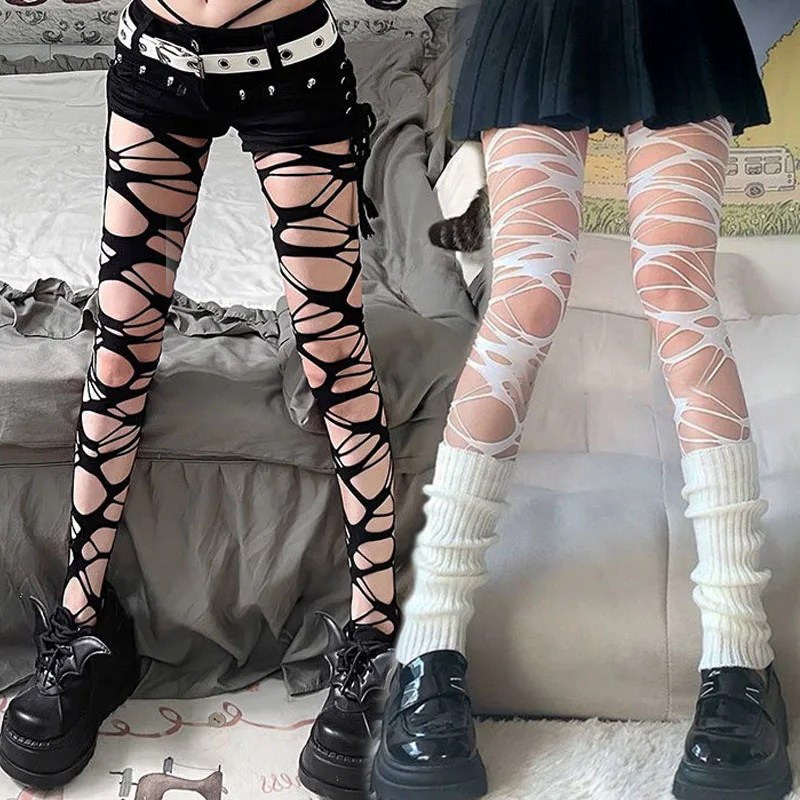 1/2 זוגות סקסי y2k fishנטו מחורר חותלות חותלות נשים גותי רצועה קרוע מגורדת חותלות מועדון חותלות