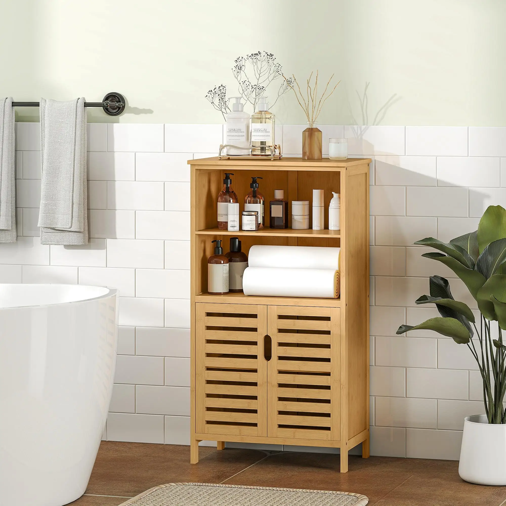 Armoire de salle de bain en bambou 50x29x92 cm avec 2 portes et 2 étagères ouvertes couleur naturelle