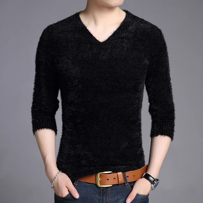 Men Autumn and Winter Korean Style New V-Neck Pullover Knitwear Supple Cozy Solid Color Casual Warm Large Size Long-sleeved Tops