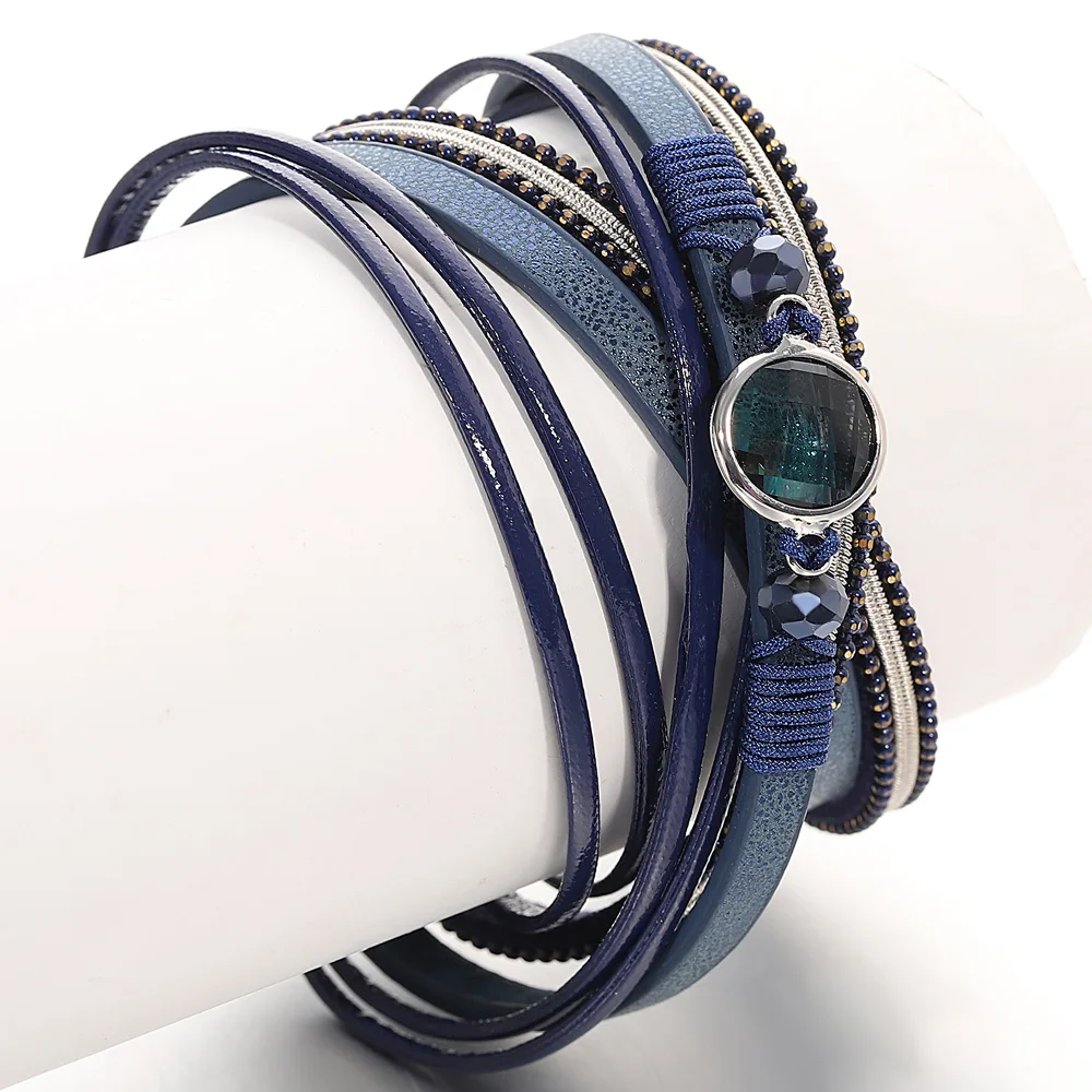 ALLYES Vintage kryształowa koralik skórzana bransoletka dla kobiet mężczyzn Boho wielowarstwowe długie łańcuszki Wrap bransoletki i Bangles Party biżuteria — zdjęcie 4