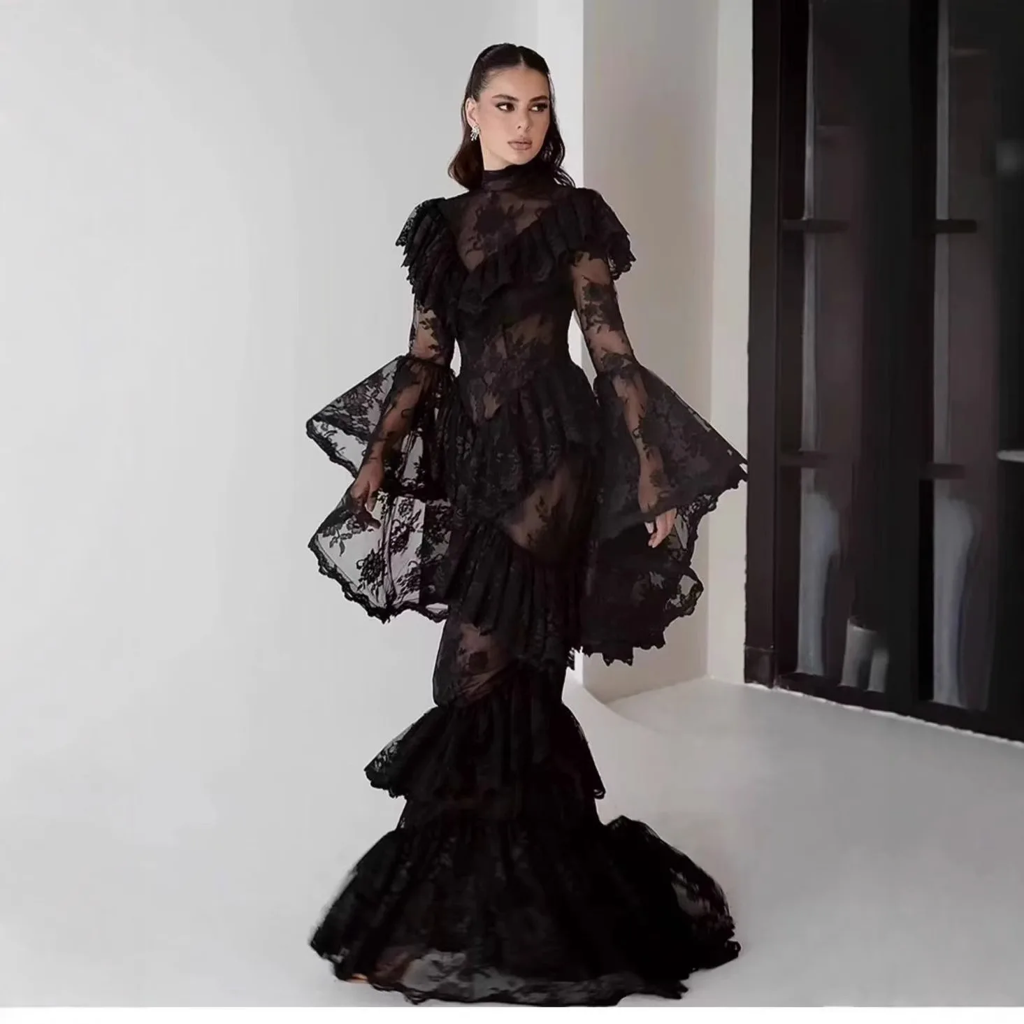 

Xinyue 2025 Autumn New Cross-Border Dr Birthday Banquet Dr Stand Collar Embroidery Women's Skirt Lace Material Long Sve