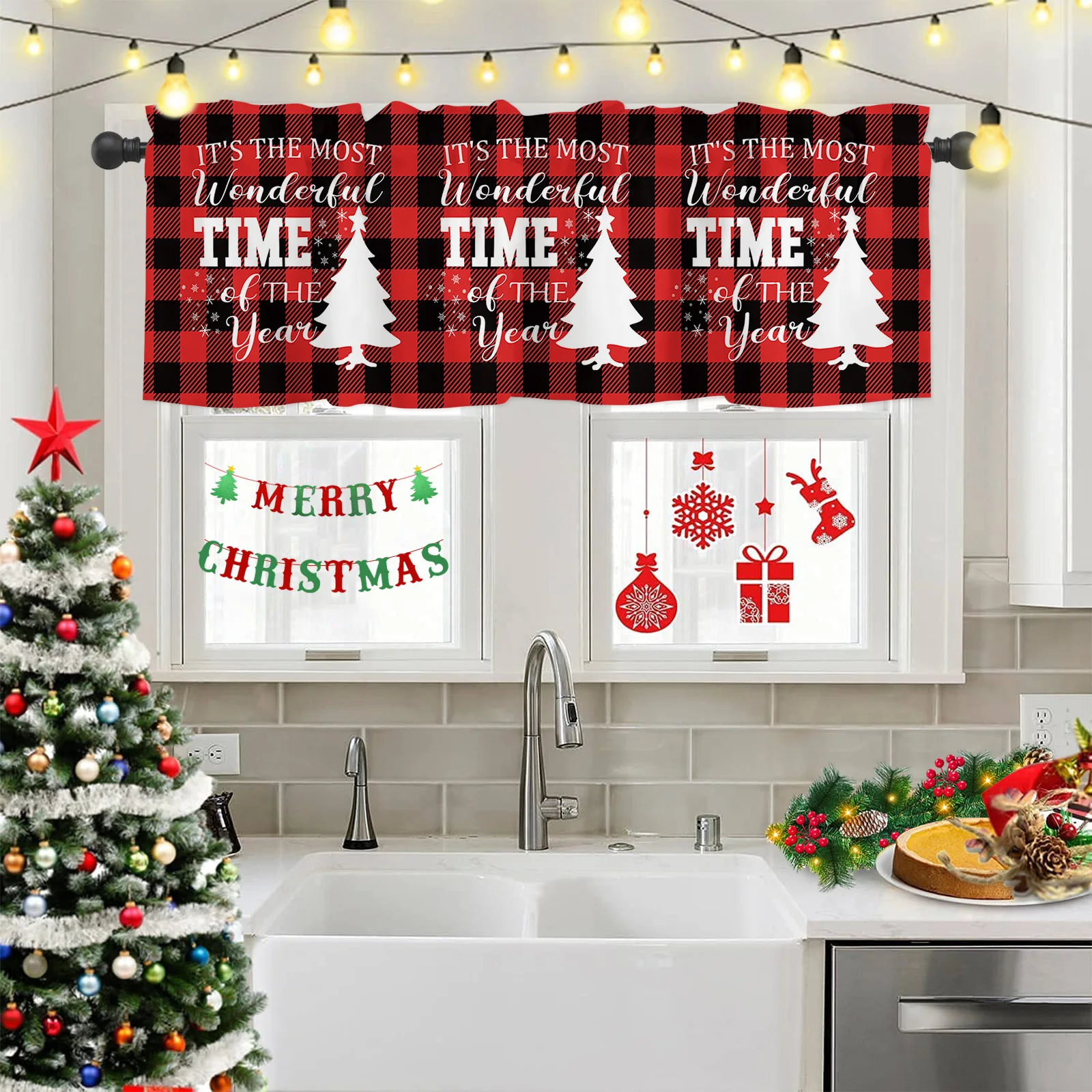 Christmas Valance Curtains for Kitchen Window Red Black Buffalo Check Plaid Winter Rod Pocket Window Valance Decor for Kitchen image 3