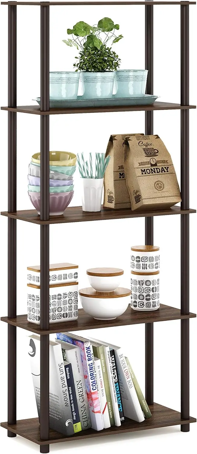 

TURN-N-TUBE 5-Tier Corner Book Shelf, Toolless Open Storage, Walnut – for Living Room, Garage, Home Office
