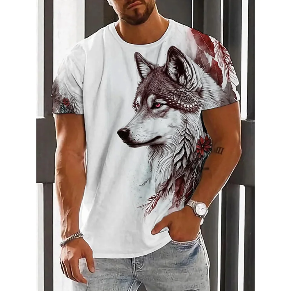 T-shirt da uomo casual estiva all\'aperto con motivo lupo stampato in 3D Top girocollo sportivo a maniche corte allentato e confortevole