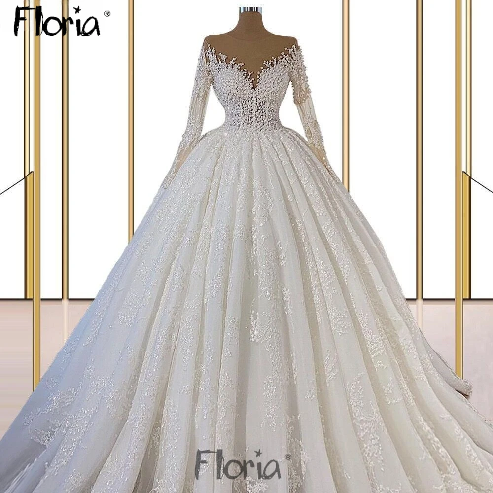 High Quality Romantic Wedding Dress Custom Made Dubai Ball Gown Lace Appliqued Bridal Gowns Plus Size Beadeding Robe de Mariée