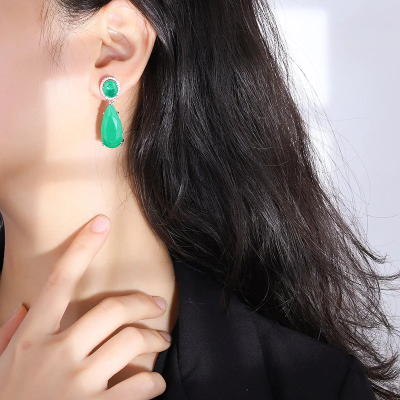 Silver Color Charms Big Drop Earrings for Women Vintage Paraiba Tourmaline Emerald Gemstone Wedding Earrings Fine Jewelry Gift