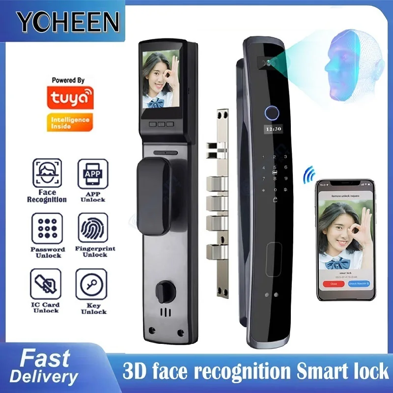 3D Face Recognition Fingerprint Smart Digital Lock TUYA App Wifi Key Card Nfc Rfid Code Electric Door Lock with 6068 Mortise