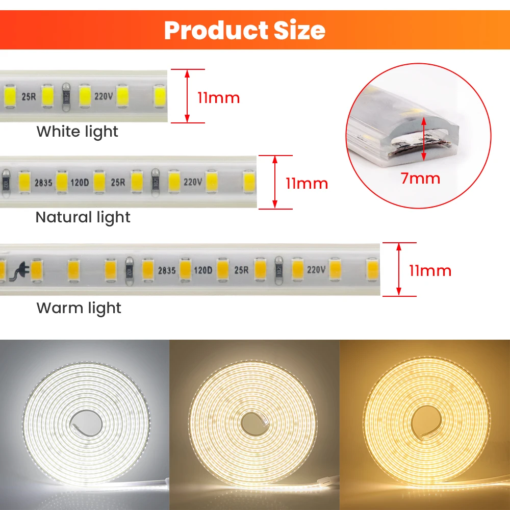 Tira de luces LED cortable de 20cm, cinta Flexible de 220V, 2835SMD, 120LED/m de alta calidad, impermeable, para exteriores, decoración del hogar