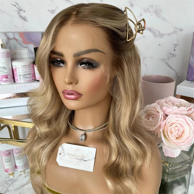 

Модный волнистый боб Ombre Медовый коричневый блондин HD Синтетический парик фронта шнурка Натуральная предварительно выщипанная линия волос с детскими волосами Бесклеевые парики