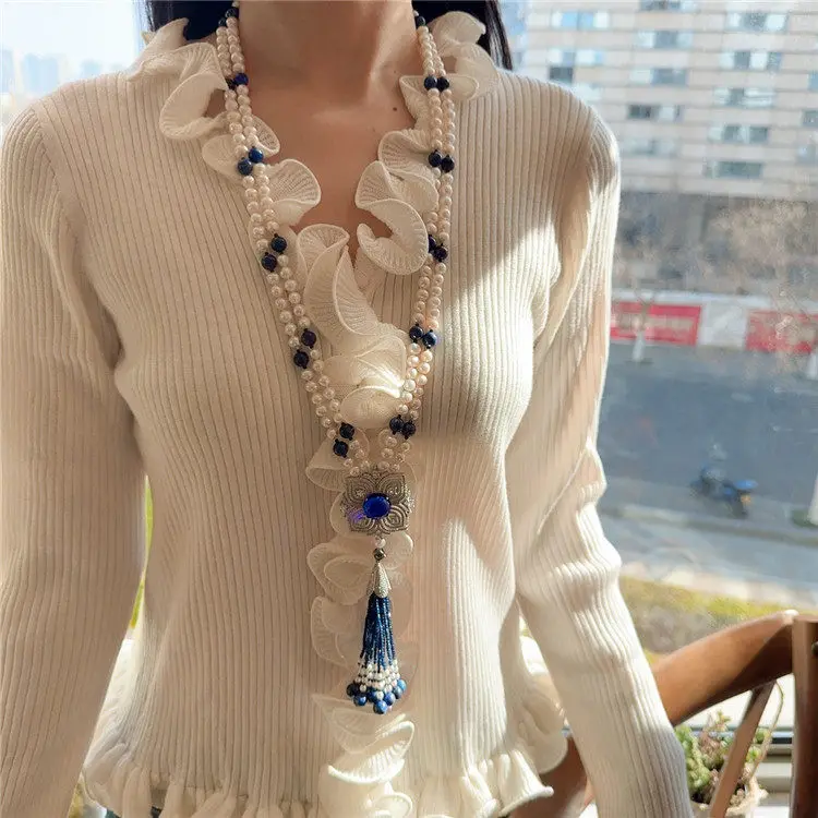 Women's Natural Freshwater Pearl Lapis Lazuli Long Sweater Tassel Necklace