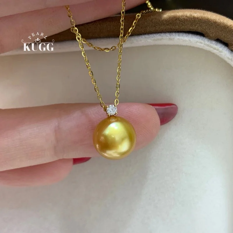 KUGG PEARL 18K Yellow Gold Necklace Shiny Diamond 10-11mm Natural South Sea Gold Pearl Pendant Necklace for Women Fine Jewelry
