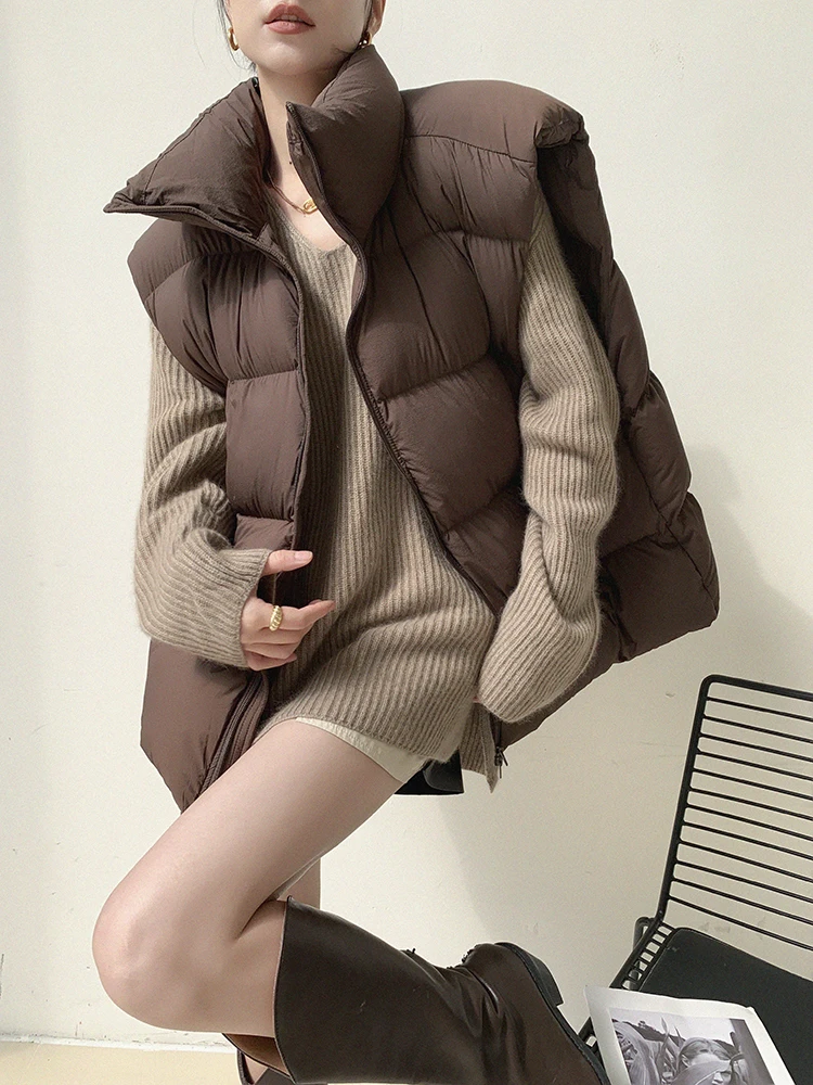 

JWUNIQUE Women's Stand Collar down Vest Coffee Color kethole Design 2026 Winter Faion Versatile White Du down Jaet