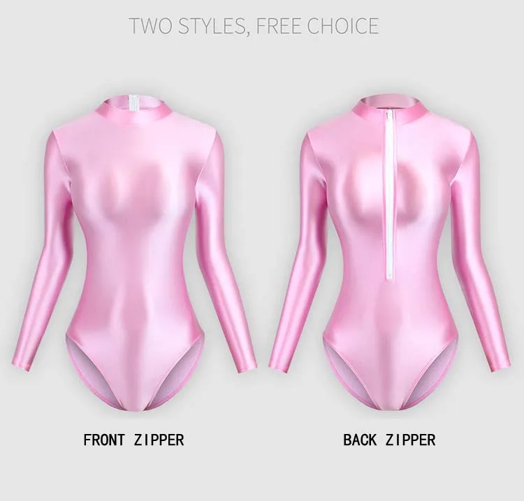 MJINM silky glossy sexy one-piece swimsuit with zipper tight fitting oily jumpsuit high neck bodysuit