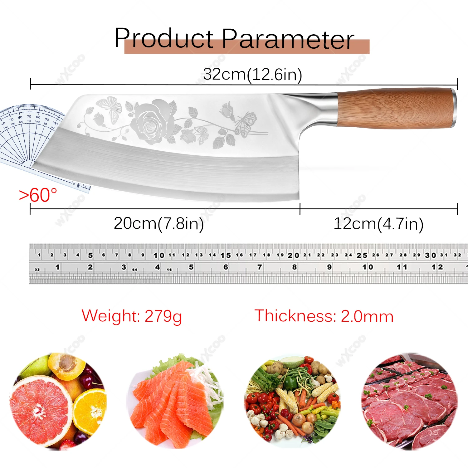 Kitchen Knives Cleaver 7.8inch Chinese Butcher Chef Knife 5Cr15 Stainless Steel Cutter Razor Sharp Slicer Meat Chopping Knife