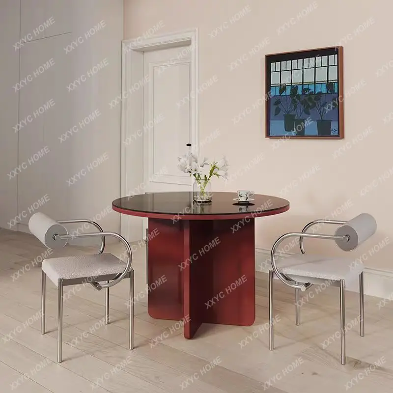 LSolid wood round dining table light luxury retro workbench negotiation glass surface home negotiation table