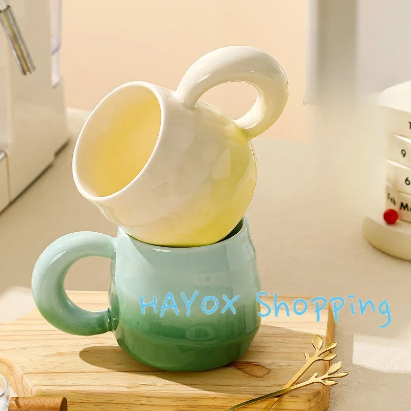 Creative Gradient Color Mug，Screw Thread Ceramic Handle Cup ，Office Ceramic Coffee Milk Drinking Oats Cup Water Teacup