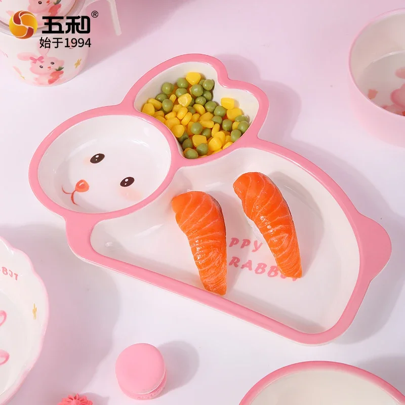 Pink Bunny Children's tableware Baby Complementary Food Bowls Eating plate Rabbit Shaped Double-eared Plates Home Dinner Plates