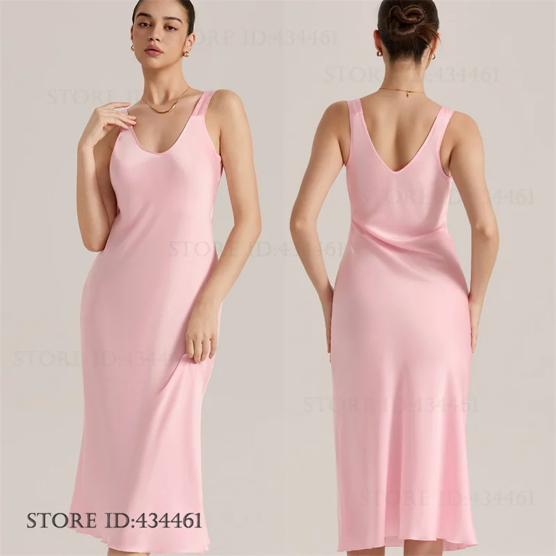 

Summer New Long Sleep Dress Nightgown Sexy Sleeveless Women Lingerie Night Wear Pink Silk Satin Home Dressing Gown Loungewear